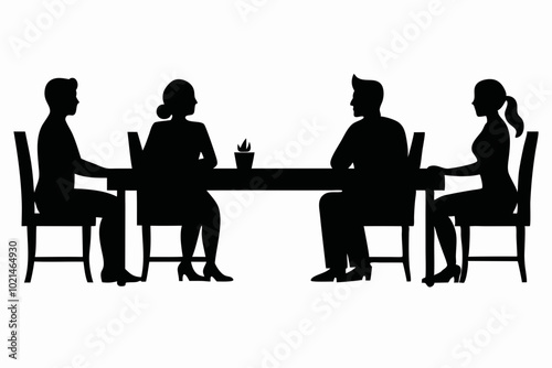 
Group of people sitting around a long table, Sitting table flat silhouette vector


