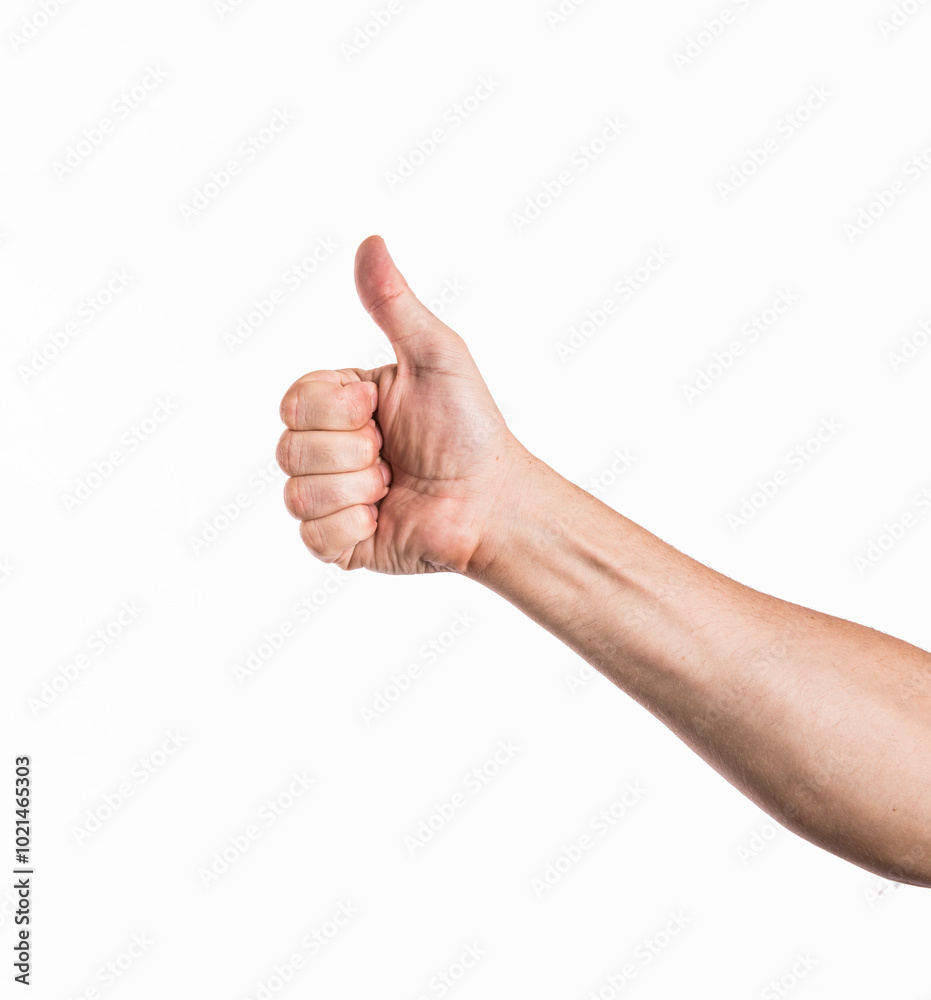 Hand of man showing thumb-up gesture on white background.
Hand of man showing thumb-up gesture on white background.