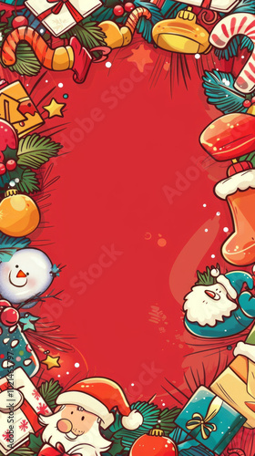 Christmas cartoon decoration set with Santa Claus, snowman, Christmas tree, and other winter holiday icons,Generated By Ai