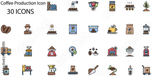 Set of Coffee Production icons. Line art style icons bundle. vector illustration