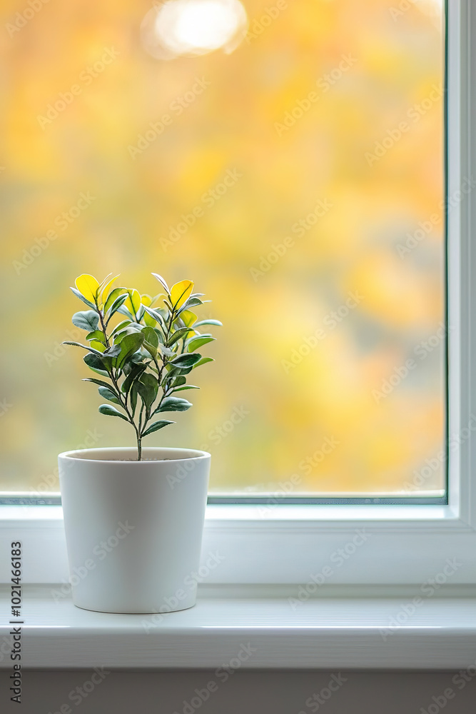 A small plant in an elegant white pot stands on a windowsill against the autumn landscape outside the window A small plant in an elegant white pot stands on a windowsill against the autumn landscape outside the window
