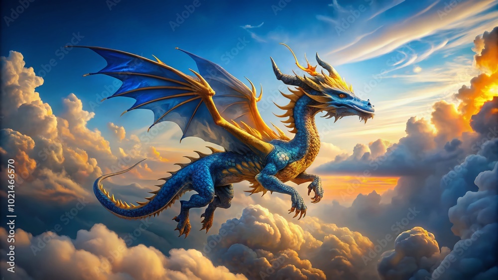 Majestic Blue and Gold Dragon Soaring Through the Clouds in a Fantasy Landscape Artwork Majestic Blue and Gold Dragon Soaring Through the Clouds in a Fantasy Landscape Artwork