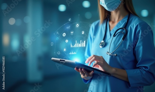 A healthcare professional uses a tablet to analyze data, showcasing the integration of technology in modern patient care.