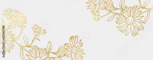 Luxury gold Aster flowers background. Floral pattern tropical in line art style for greeting, invitation, wedding card, wall art, wallpaper and print. Vector illustration
