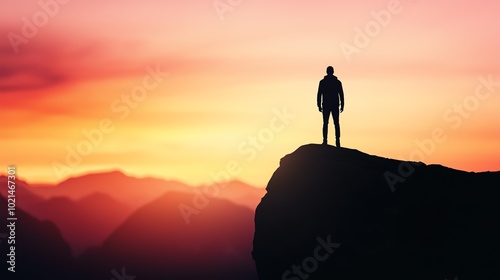 Silhouette of a person standing on a mountain at sunset, surrounded by vibrant colors and tranquil landscapes.