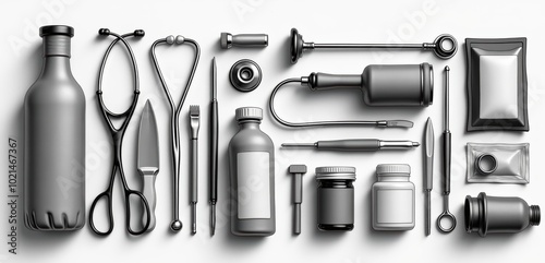 A collection of medical instruments and supplies laid out in a sleek, monochrome design, ideal for healthcare, pharmaceutical, or medical education projects.