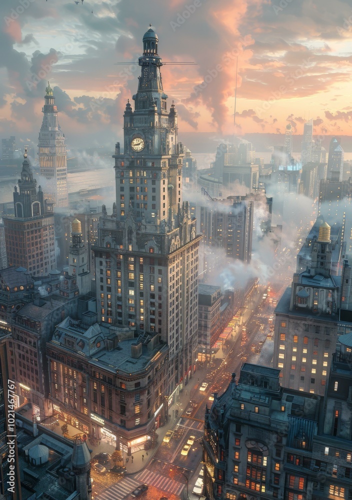 Naklejka premium Aerial View of a Cityscape at Dawn