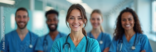 A diverse team of healthcare professionals in scrubs, showcasing teamwork and compassion in a modern medical environment. Ideal for health, wellness, and medical related projects.