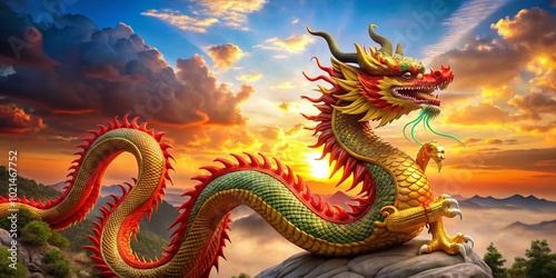 Majestic Chinese Dragon in Red and Gold Colors Symbolizing Strength and Prosperity in Traditional Art Style