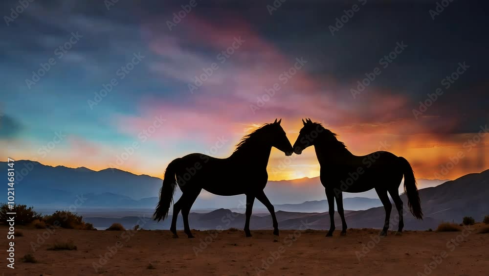 Two horses in silhouette with a dramatic evening sky and distant mountains in the background Two horses in silhouette with a dramatic evening sky and distant mountains in the background
