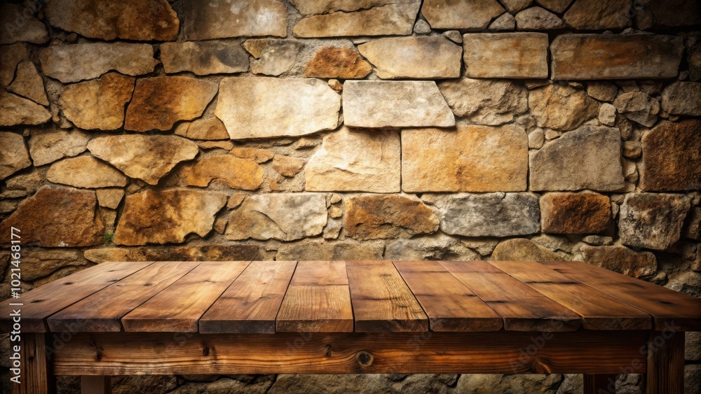 Rustic wooden table with a backdrop of a weathered stone wall Rustic wooden table with a backdrop of a weathered stone wall