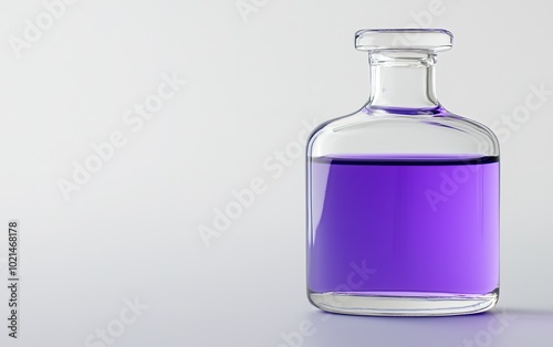 A clear glass bottle containing bright purple liquid against a minimalistic white background