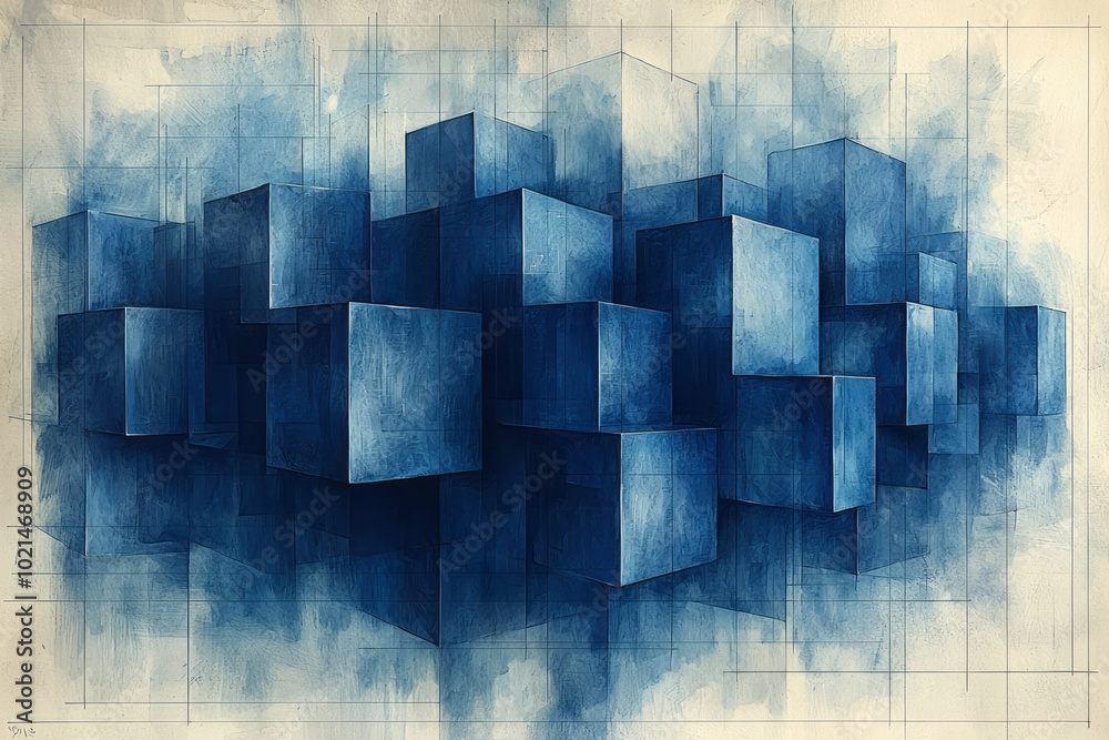 Blue cubes of various sizes arranged in an abstract geometric pattern over a subtle grid, Blue cubes of various sizes arranged in an abstract geometric pattern over a subtle grid,