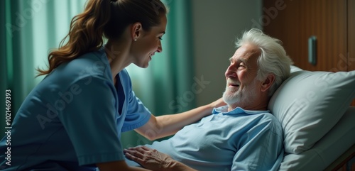 A compassionate nurse engages with an elderly patient in a hospital setting, showcasing care and emotional support in healthcare.