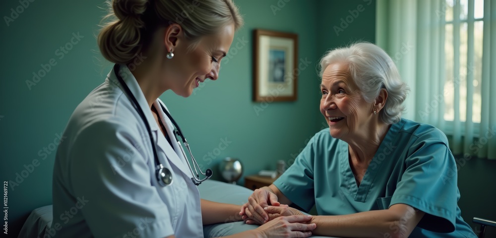A compassionate healthcare professional warmly interacting with an elderly patient, emphasizing the importance of care and connection in healthcare settings. A compassionate healthcare professional warmly interacting with an elderly patient, emphasizing the importance of care and connection in healthcare settings.