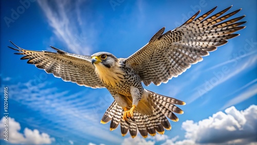 Majestic Falcon in Flight Against Clear Blue Sky Showcasing Its Graceful Wings and Sharp Beak