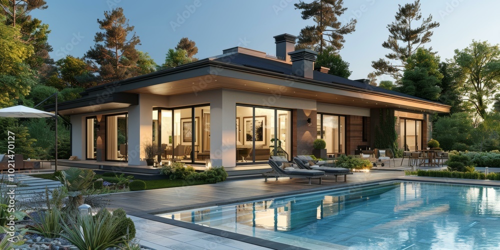Fototapeta premium Modern Luxurious House with Pool and Garden