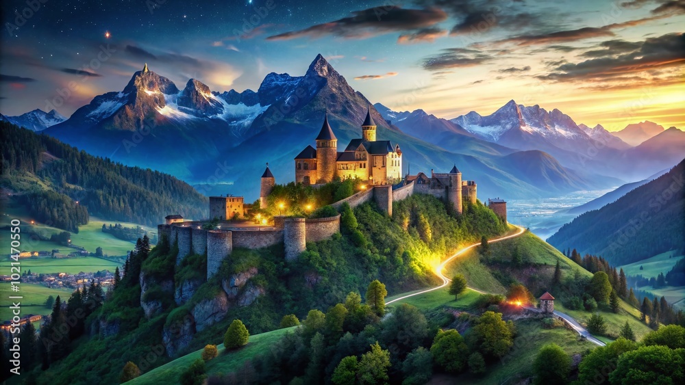 Naklejka premium Majestic Fortress Mountain Surrounded by Lush Green Valleys and Clear Blue Skies in Nature's Splendor
