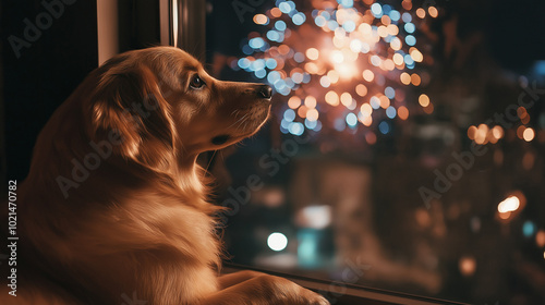 Sitting dog watching colorful fireworks display in the night sky generate ai
