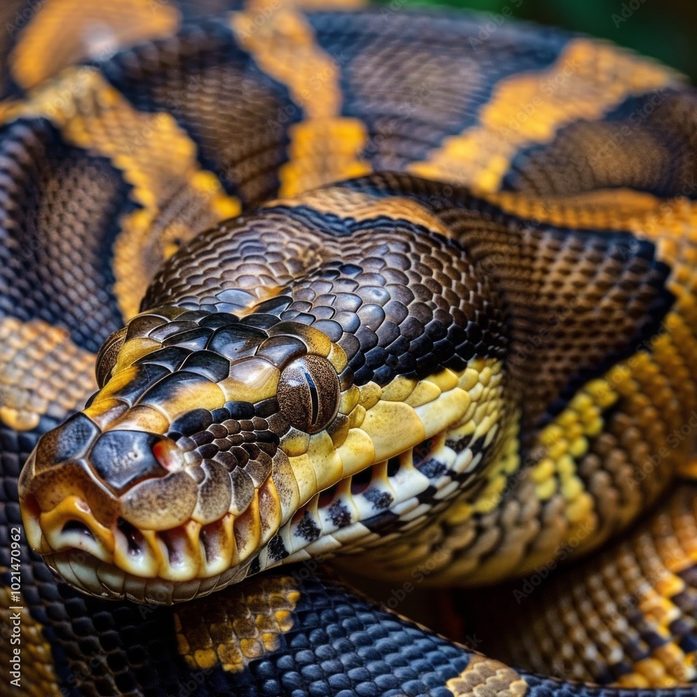 A large snake with a yellow and black pattern on its body A large snake with a yellow and black pattern on its body