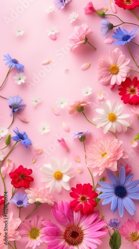 Flowers of various colors placed on a pink background. Top view. generate ai.