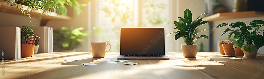 Fototapeta premium A bright workspace featuring a laptop surrounded by potted plants, creating a fresh and inviting atmosphere for productivity.