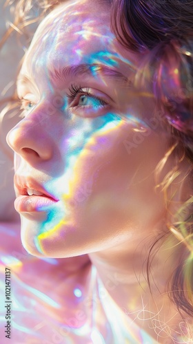 A girl's face with a rainbow light radiating across her face  generate ai