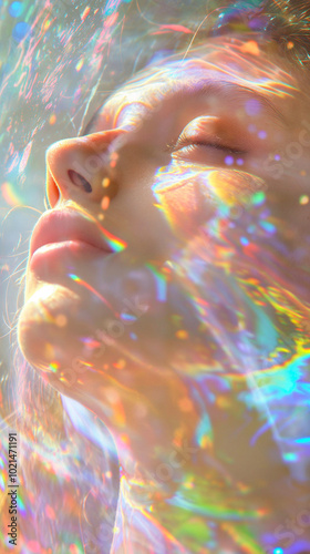 A girl's face with rainbow lights shining on her face  generate ai