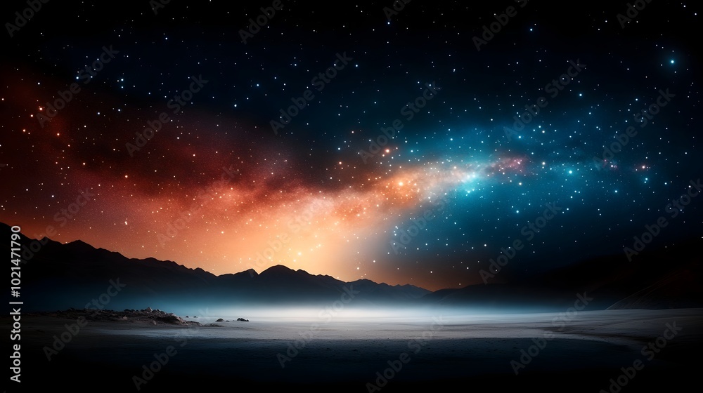 Fototapeta premium Ethereal Interstellar Landscape Glimmering stars in various hues suspended in a captivating night sky creating a serene and tranquil atmosphere over a remote mountain setting This high definition