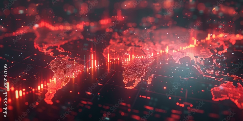 Obraz premium Red glowing circuit board with world map in background