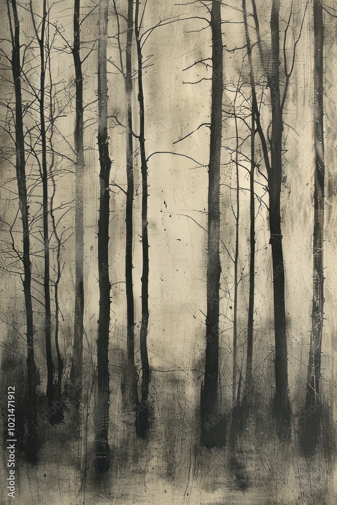 Hand-painted backdrop of a chaotic forest scene with dark, barren trees and foggy atmosphere Hand-painted backdrop of a chaotic forest scene with dark, barren trees and foggy atmosphere