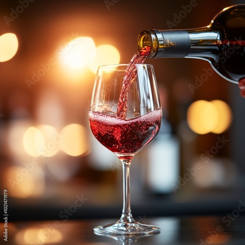 Red Wine Poured into Glass, Warm Bokeh Background, Cabernet, Merlot, Beverage Photography