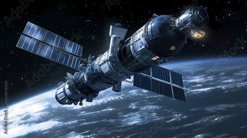 Fototapeta Naklejka Na Ścianę i Meble -  Solar-powered spaceship docking at a space station: a spaceship with advanced solar panels approaching a large space station. Starship Dock. Illustration