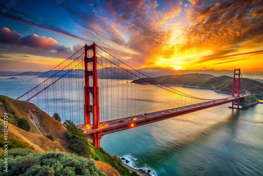 Obraz premium Majestic Golden Gate Bridge at Sunset with Vibrant Colors and Serene Water Reflections in Bay Area