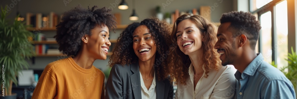 A diverse group of four friends enjoying a joyful moment together, showcasing happiness and connection in a modern workspace. A diverse group of four friends enjoying a joyful moment together, showcasing happiness and connection in a modern workspace.