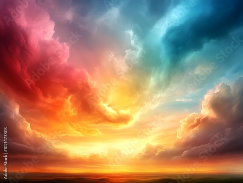 Majestic skyscape ablaze with warm hues of the rising or setting sun featuring whimsical cloud shapes and patterns creating a tranquil and enchanting mood in a picturesque natural setting