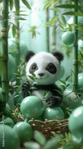 A cute panda sits in a bamboo forest