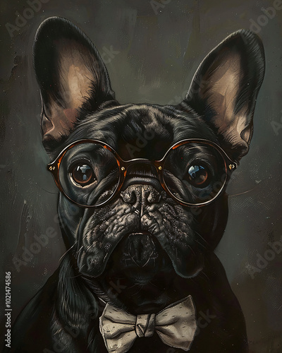 french bulldog with glasess intelectual, dog, bulldog, french bulldog, french, pet, animal, puppy, white, cute, isolated, canine, breed, mammal, portrait, studio, funny, brown, adorable, purebred, whi photo