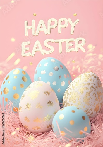 Colorful Easter eggs arranged on a pastel backdrop with festive decorations and greeting