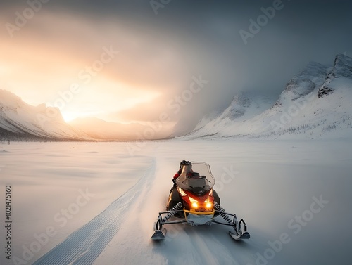 A sturdy and agile snowmobile navigating a frozen tundra a powerful vehicle speeding across a vast expanse of snow in a remote and desolate arctic setting showcasing bold and dynamic form photo