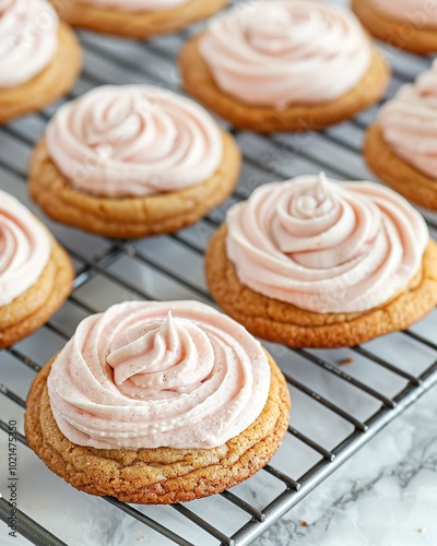 Cookies with Pink Rose Frosting on Wire Cooling Rack