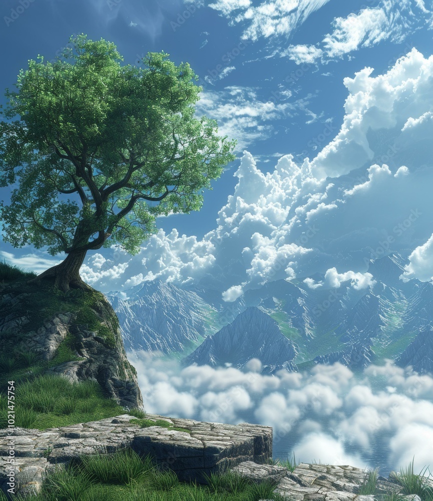 Majestic Mountain Vista with a Solitary Tree Majestic Mountain Vista with a Solitary Tree