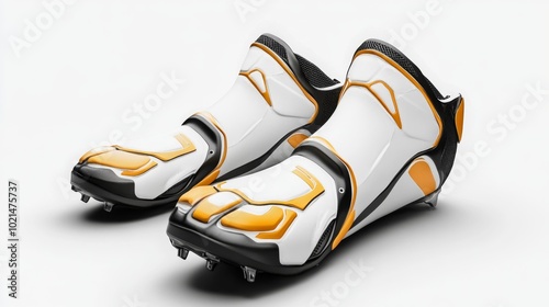 High-tech football shin pads on a white background with yellow and black accents.. Generative AI