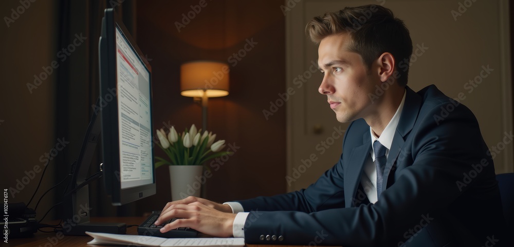 Fototapeta premium A focused young professional in a suit working on a computer, exemplifying modern business and office environments.