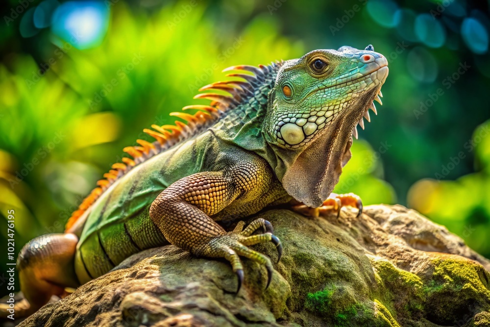 Majestic Large Lizard Sunbathing on a Rock in the Wild with Vibrant Green Background in Nature Majestic Large Lizard Sunbathing on a Rock in the Wild with Vibrant Green Background in Nature