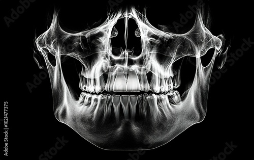 Detailed x-ray of a human skull highlighting dental structure in a clinical setting photo