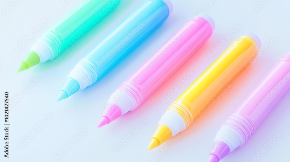 Vibrant Pastel Highlighters in a Row on a White Background Realistic Close-Up View of Colorful Markers. Generative AI Vibrant Pastel Highlighters in a Row on a White Background Realistic Close-Up View of Colorful Markers. Generative AI