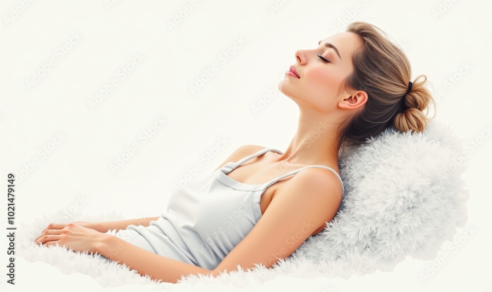 Obraz premium A serene woman relaxing in a cozy setting, embodying tranquility and self care, perfect for wellness, beauty, and lifestyle themes.