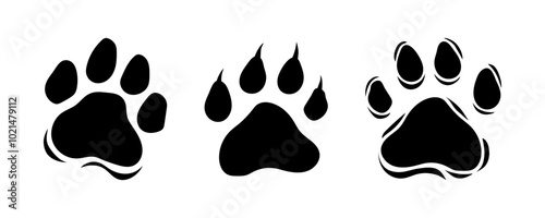 Animal paw prints set. Wildlife, tiger paw prints, wolf or bear. Vector black animal prints silhouette, isolated illustration for animal protection theme, homeless animal shelters. World wildlife day.