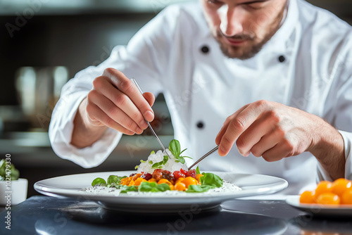 Chef working in a Michelin-starred restaurant, carefully plating a molecular gastronomy dish with tweezers, high-end cuisine and elegant presentation.